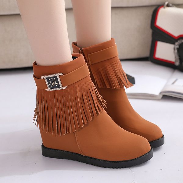

women boots british style short tube frosted tassel boots ankle increase within wedge female shoes, Black