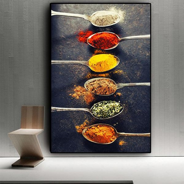 

Kitchen Grains Spices Peppers Spoon Scandinavian Canvas Painting Pictures Wall Art for Living Room Home Decor (No Frame)