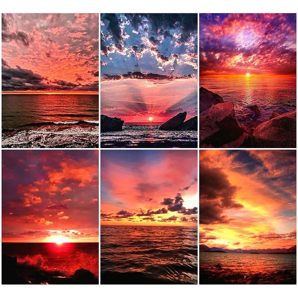 

huacan diy diamond painting 5d seaside landscape handmade mosaic sunset scenery home decor embroidery wall stickers