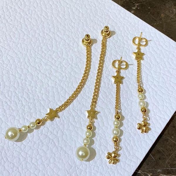 

c1958 korean fashion tassel long ear stud drop fashion sweet imitation pearl five-pointed star bee letter earrings, Golden;silver