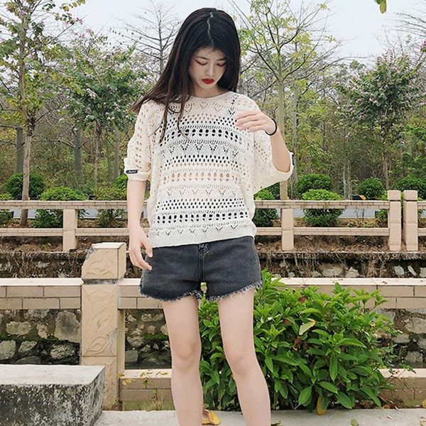 

i51i8 сексуальных полый из женщин свитера 2020 лето нового корейского стиля свободного половина рукав футболка круглых пуловеры футболка пул, White