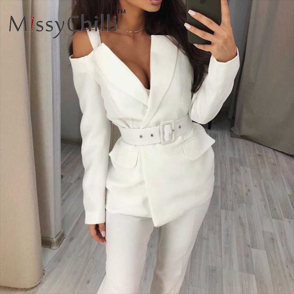 

women's suits & blazers missychilli white long sleeve blazer pants suit women elegant cold shoulder two piece sets autumn belt ladies, White;black