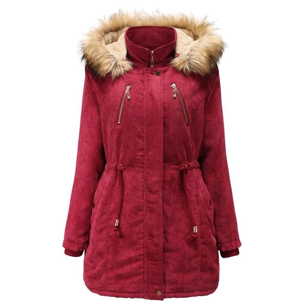 

winter new ladies cotton coat hooded plus velvet corduroy coat ladies cotton thickened mid-length warm jacket women, Black