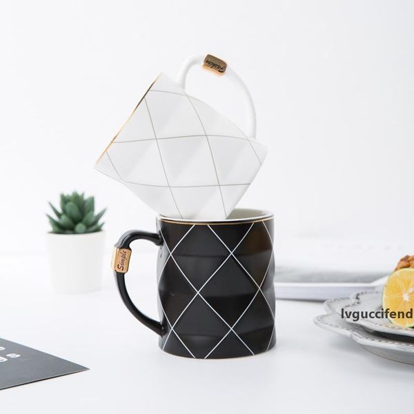 

nordic golden black and white grid geometry ceramic coffee mug porcelain juice drinking cup coffee milk tea cup t200104