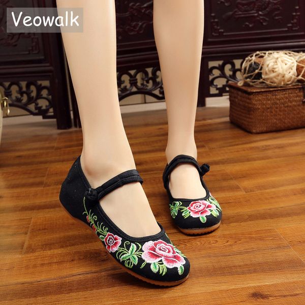 

балет veowalk handmade vintage женского flat традиционный китайский цветок вышивать хлопок ткань обувь женщины холст полуботинок cx200722, Black