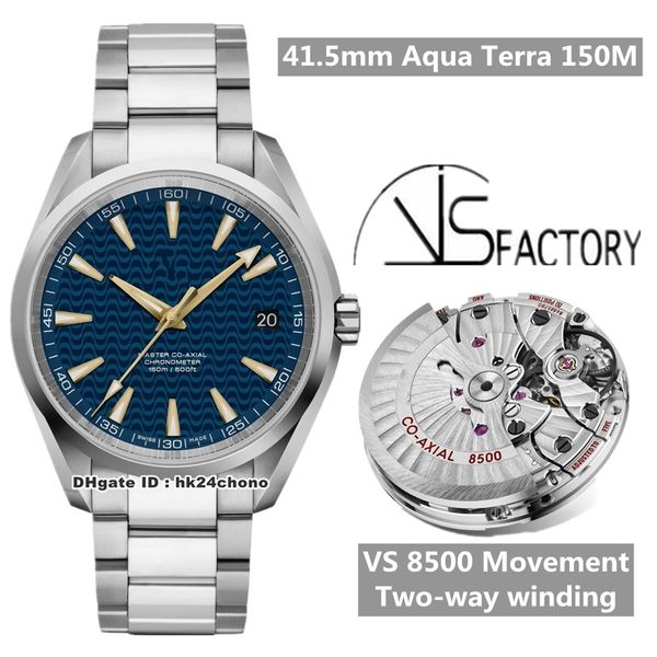 

version vs 41.5mm aqua terra 150m cal.8500 automatic men's watch 231.10.42.21.03.006 blue dial stainless steel bracelet gents watches, Slivery;brown