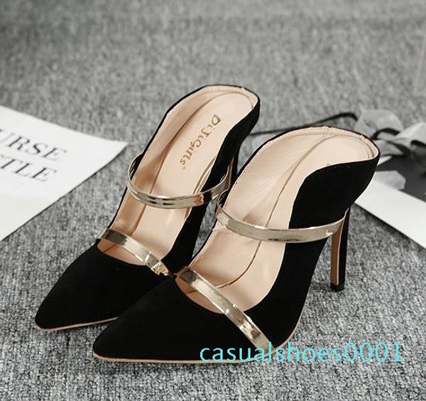 

new designer high heel shoes slipper gold strappy patchwork pointed pumps size 35 to 40 c06 c01, Black