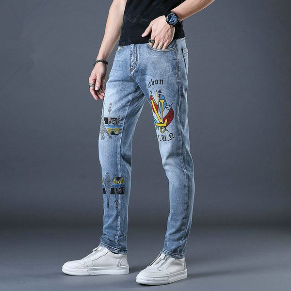 

luxury men's jeans distressed motorcycle bicycle denim rock and roll tight-fitting slim-fit printing letters stripes fashionable men&#0, Blue