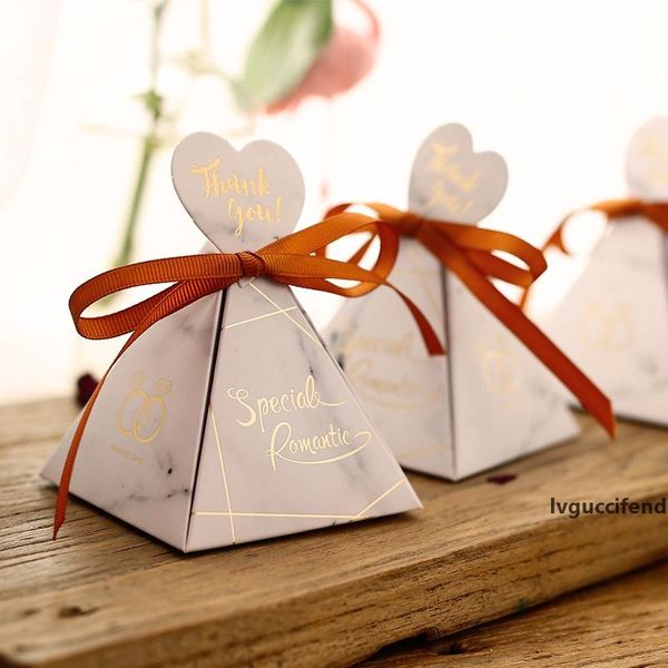 

white marble triangular pyramid candy boxes with heart tags gift wrap wedding favors party gift box 100pcs