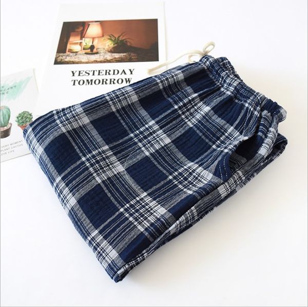 

lovers plaid pants double layer pajamas cotton gauze sleepwear pijamas men bathrobe nightwear women pyjamas home clothes, Black;red