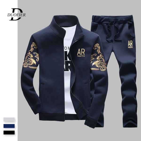 

men casual sets solid pattern print autumn male slim fit jackets+pants 2pc tracksuit stand collar male sportswear sporting suit, Gray