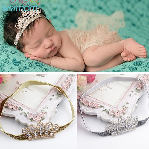 

warmom baby girl crown headband newborn kids elastic pearl crystal princess bandeau headwear for birthday dress accessories, Slivery;white
