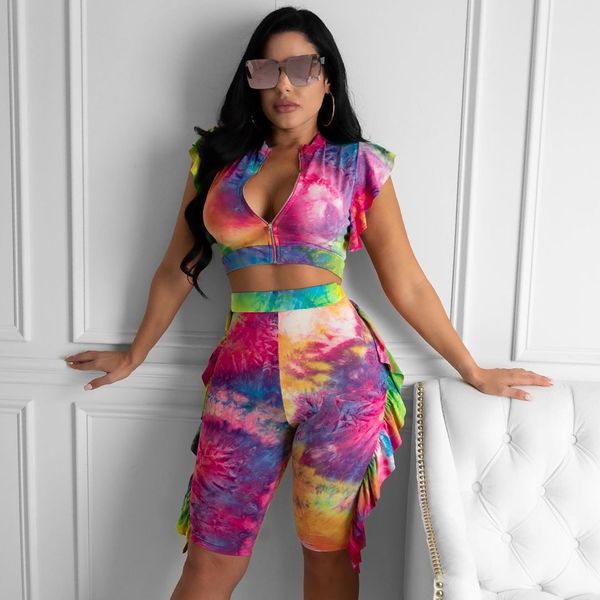 

womens tie dye 2pcs fungus curl high waist summer zipper fly women sets skinny casual two piece pants, White