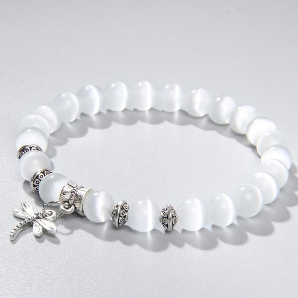 

8mm white cat eye stone beads bracelet with lucky dragonfly dog claw butterfly pendant charms strand bracelets for women female, Golden;silver