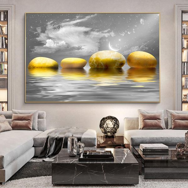 

Modern Minimalist Landscape Prints Lake and Stones Poster Golden Stone Wall Art Pictures for Living Room Home Decor (No Frame)