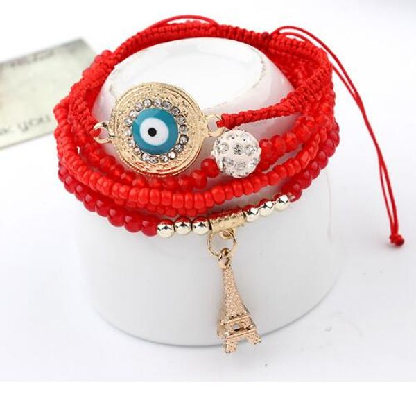 

evil eye multilayer bracelets vintage beads charm women crystal eiffel tower pendant bracelet girls braided bracelet christmas gift, Golden;silver