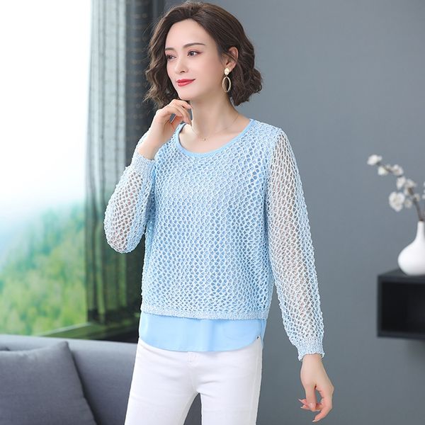 

hollow-out women's outer thin 2020 summer new knitwear knitwear collarbone ice silk mesh fake two-piece women's top, White