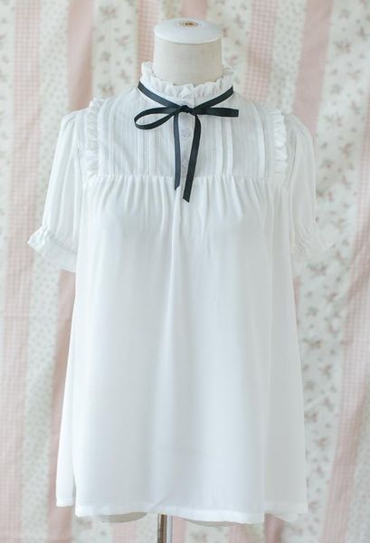 

sweet ruffled high collar harajuku chiffon short puff sleeve black/white blouse for girl women's top
