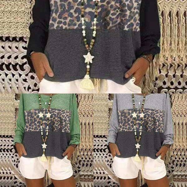 

2019 women's spring and autumn leopard print contrast color stitching round neck t-shirt long sleeve t-shirt, White