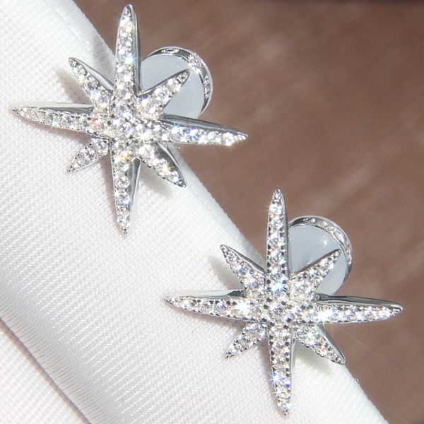 

sljely brand fashion real 925 sterling silver fine stars stud earrings micro cubic zirconia stones for women party jewelry, Golden;silver