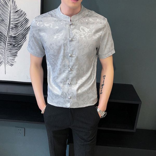 

2020 summer new chinese costume chinese style retro buckle stand collar pattern shirt slim half-sleeved shirt no iron, White;black