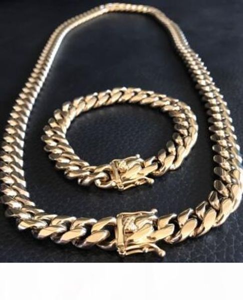 

12mm men cuban miami link bracelet & chain set 14k gold plated stainless steel, Silver
