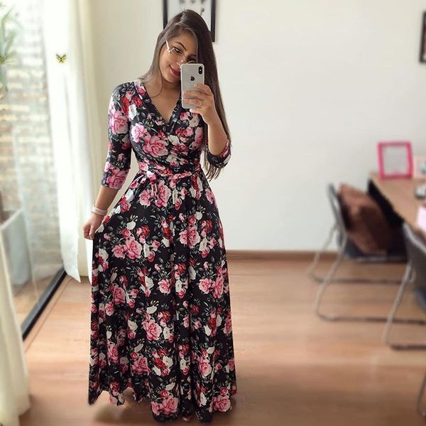 

oufisun spring deep v neck women's dress bohemia tunic maxi dresses elegant vintage flowers print dress vestidos plus size, Black;gray