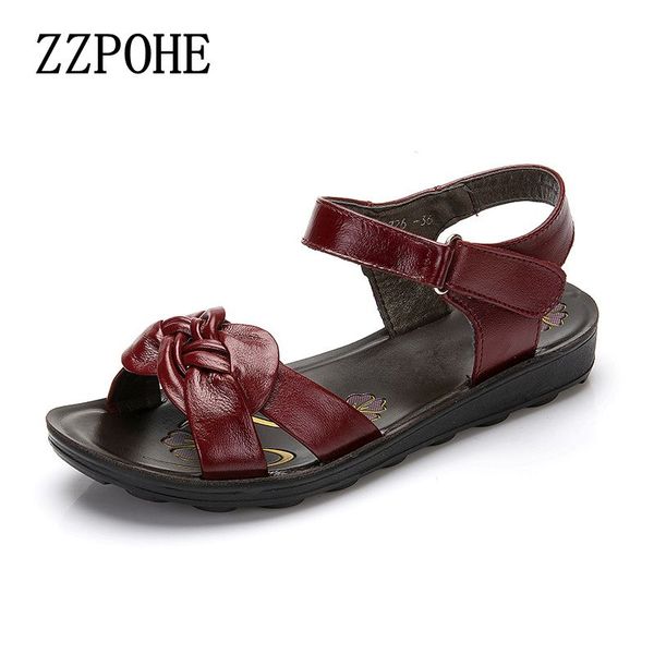 

zzpohe 2020 summer new leather soft sandals middle-aged mother fashion flat sandals non-slip comfortable women's shoes size 41, Black