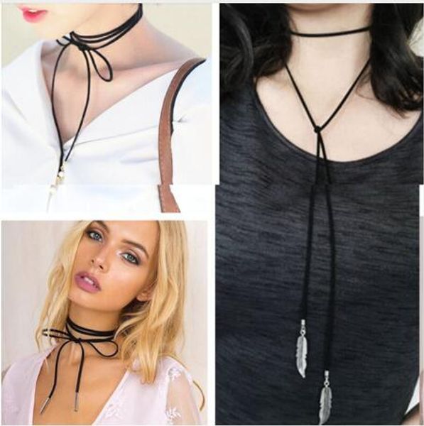 

wholesale- xl473 2017 new fashion suede leather black cord necklace long bow statement necklaces for women necklaces, Golden;silver