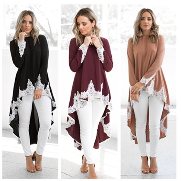 

lace panelled irregular womens dresses round neck solid color autumn womens designer dresses long sleeve high waist ladies casual dresses, Black;gray