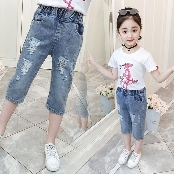 

girls' denim 2020 new medium and large trousers and trousers children's cropped pants girls' western style capri pants thin s, Blue