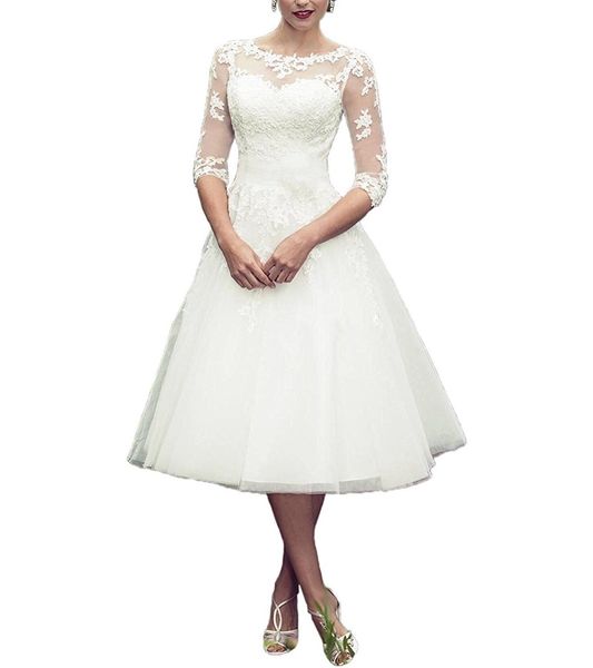 

short knee length wedding dresses a line bridal gowns lace appliques wedding gowns country style short sleeves, White