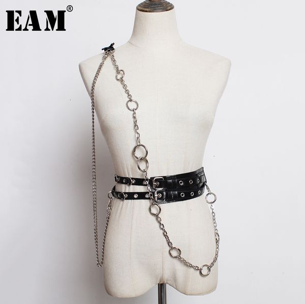 

eam] pu leather black chain split joint double buckle belt personality women new fashion all-match spring autumn 2020 1m527, Black;brown