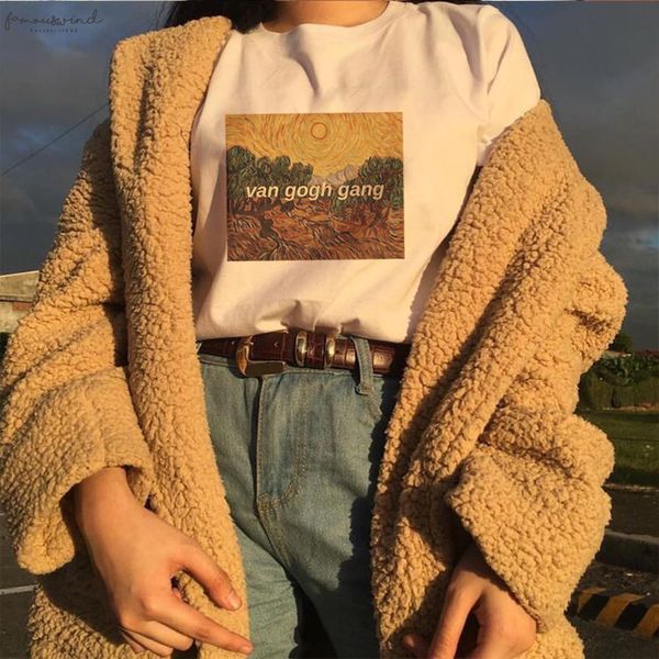 

2020 new women fashion tumblr harajuku print short sleeve o neck shirt van gogh art tees for women blusas de, White
