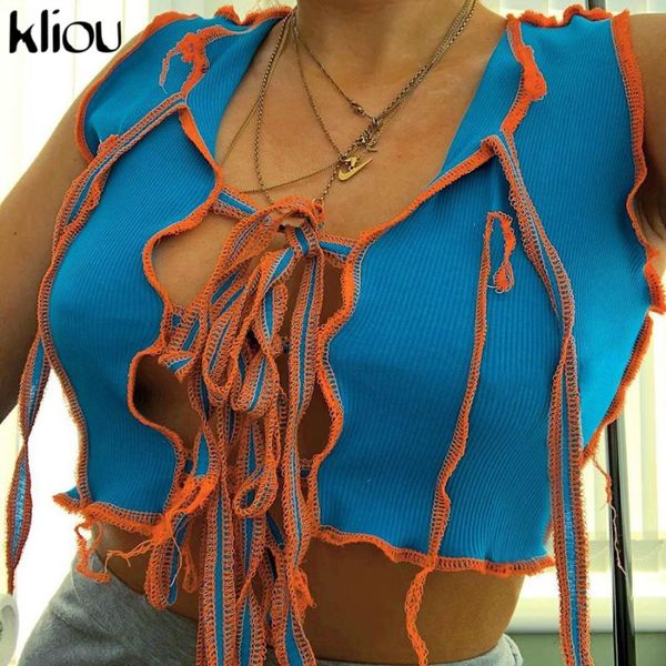 

kliou hollow out striped sling bandage tank tassel sleeveless v-neck club party wear crop knitting slim streetwear, White