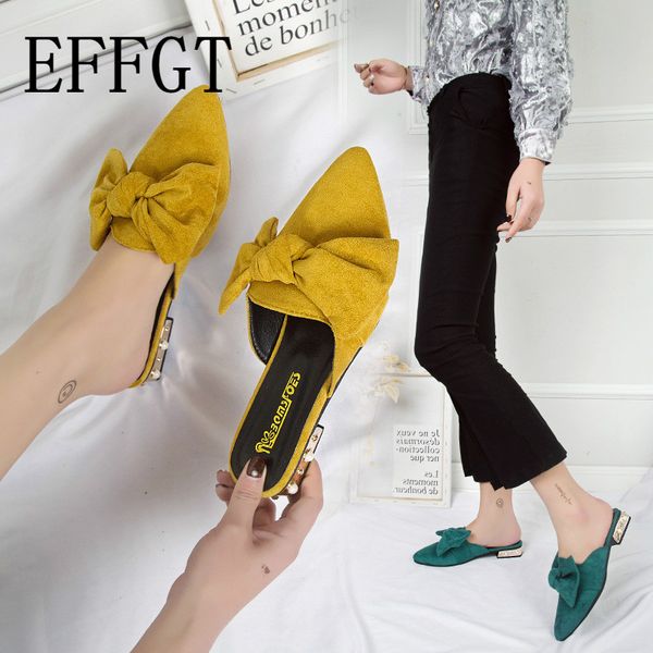 

effgt women slides sandals low heels shoes for woman casual mules fashion beach slipper bow pointed toe suede roman slipper a50, Black