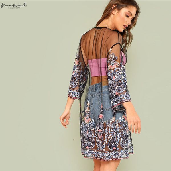 

summer fashion floral embroidery mesh kimono blouse cardigan blouses beach female women 3 4 long sleeve blusa femininas, White