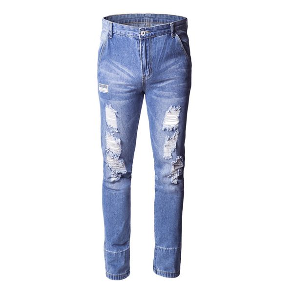 

2020 men stretchy ripped skinny jeans biker jeans destroyed hole taped slim fit denim scratched, Blue