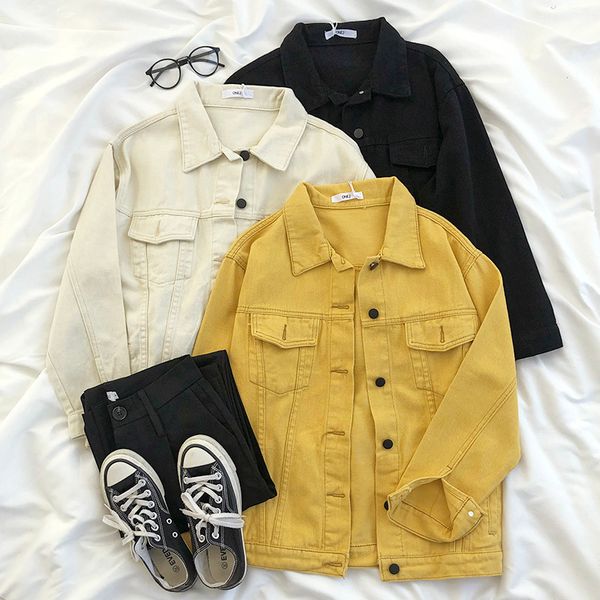 

vintage yellow denim jacket pocket slim black beige spring jean jacket coat, Black;brown