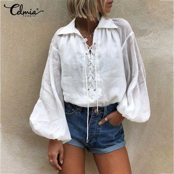 

celmia fashion white blouses women lantern sleeve lace up casual shirts 2020 autumn loose tunic lapel elegant blusas