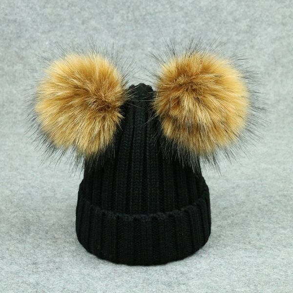 

wool knitted hat parent-child two wool ball detachable knitted hat hat, Blue;gray