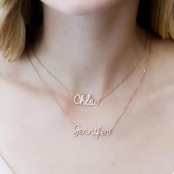 

double name teo layers personalized custom name pendant necklace customized cursive nameplate necklace handmade birthday gift, Silver