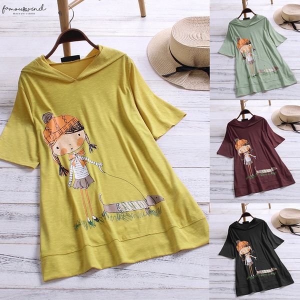 

women shirts cute doll cartoon print hooded short sleeve plus size temperament elegant summer blouse shirts, White