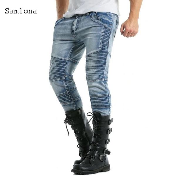 

samlona mens skinny jeans men 2020 new fashion slim denim trousers biker jeans male autumn winter hiphop motorcycle cargo pants, Blue