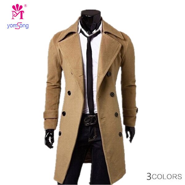 

yomsong 2020 men's autumn and winter long coat jackets trending double-breasted wool coat lapel slim england  to 3xl, Tan;black