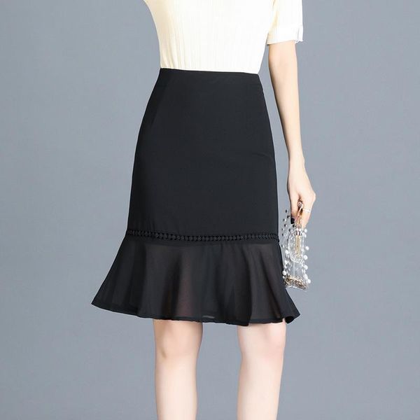 

2020 summer new korean women simple black floral chiffon fishtail skirt high waist slimming bag hip casual skirt ing