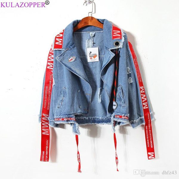 

korean ribbon irregular embroidery woman short denim jacket 2019 spring autumn new wild couple jackets loose coats zs702, Black;brown