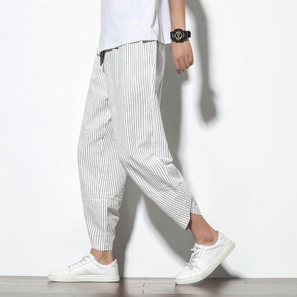 

men's 2020 streetwear loose cotton linen pants men autumn winter striped oversize pants male fashion pockets striped bloomers, Black