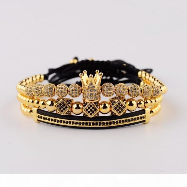 

amader 3pcs set luxury cz ball crown charm copper bead macrame bracelets men handmade long tube set bracelets&bangles for women c19021501, Black