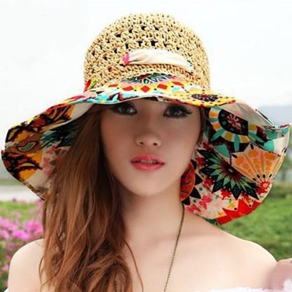 

women's new shade korean fashion hollowed-out printed bowknot straw sun straw hat outdoor street sun hat, Blue;gray